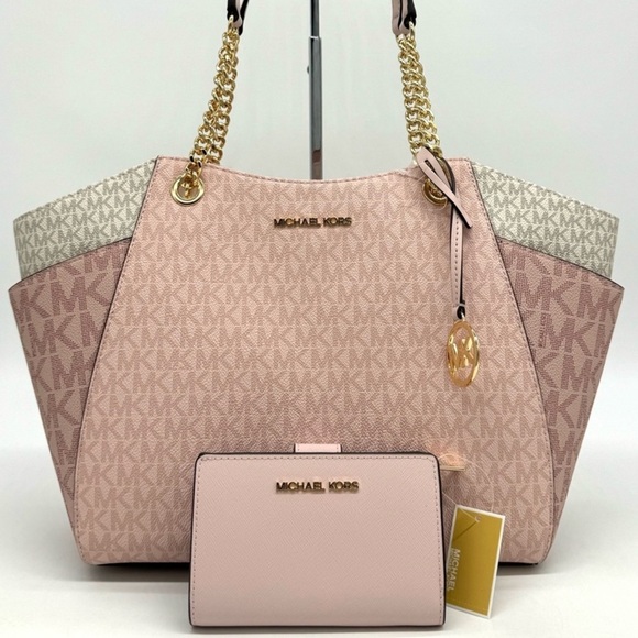 Michael Kors Large JST Chain Shoulder Bag & Bifold Zip Chain Wallet Powder - Picture 2 of 13